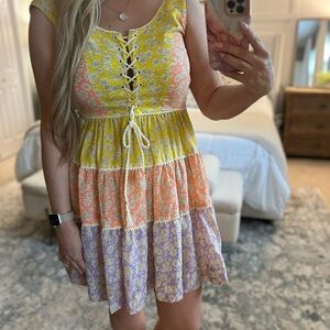 Floral Lace-Up Mini Dress - Yellow, Orange, Purple